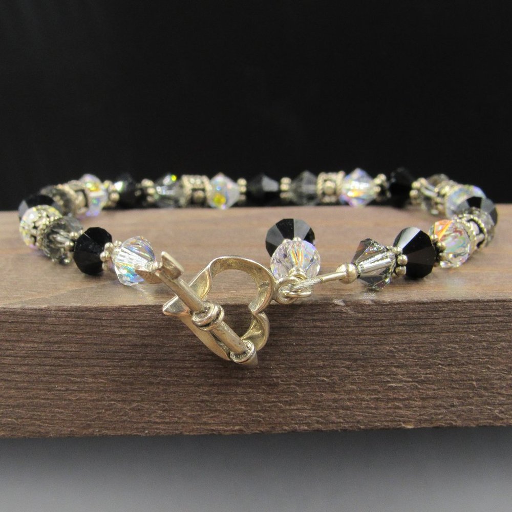 7" Sterling Silver Crystal Heart & Arrow Bracelet Vintage